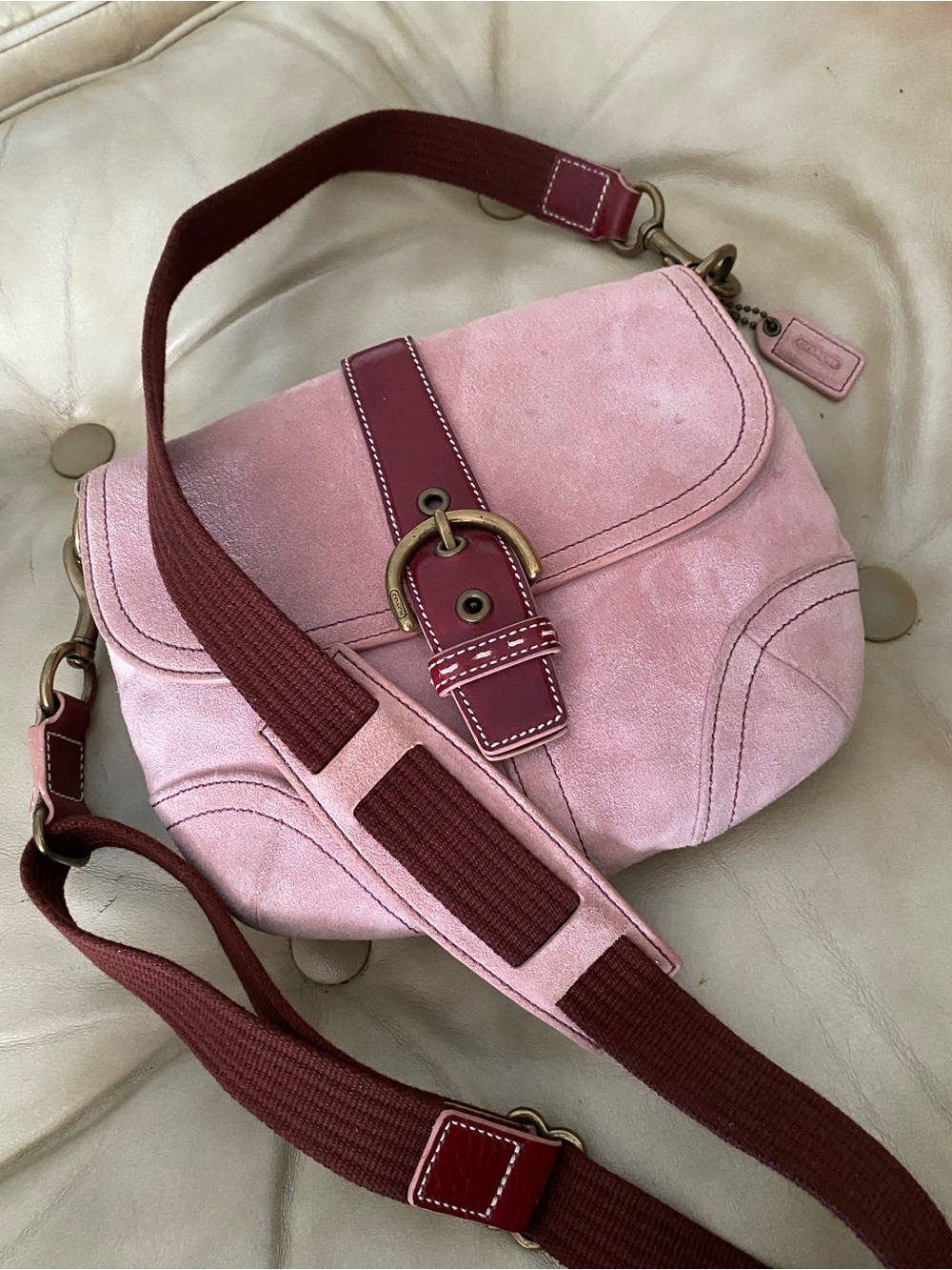 SALE! Authentic Coach Soho Pink Suede Crossbody Wide Strap Flap Leather - Picture 2 of 16